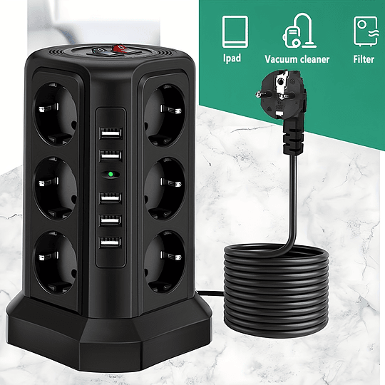Torre Multi Power Strip Ficha UE vertical Tomadas de 12 vias com 5 interruptores USB Gama de energia vertical múltipla 2 interruptores Multi Tomada Power Strip, proteção contra picos e proteção contra