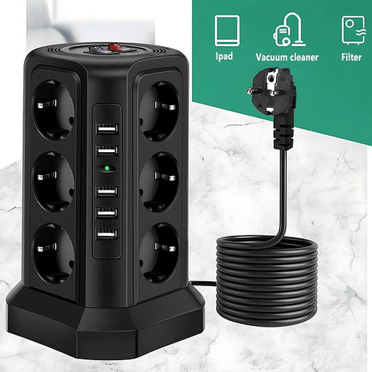 Torre Multi Power Strip Ficha UE vertical Tomadas de 12 vias com 5 interruptores USB Gama de energia vertical múltipla 2 interruptores Multi Tomada Power Strip, proteção contra picos e proteção contra