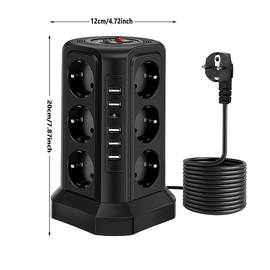 Torre Multi Power Strip Ficha UE vertical Tomadas de 12 vias com 5 interruptores USB Gama de energia vertical múltipla 2 interruptores Multi Tomada Power Strip, proteção contra picos e proteção contra