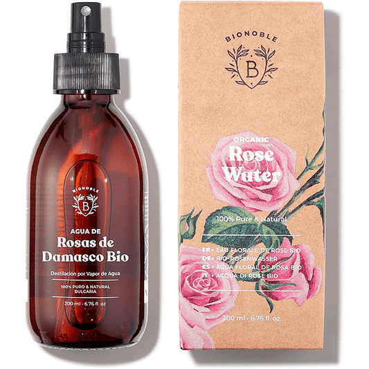Água de rosas orgânica 200 ml - tom facial de água de rosas de damasco 100 % puro e natural - rosto, contorno de olhos, corpo, cabelo - garrafa de vidro spray