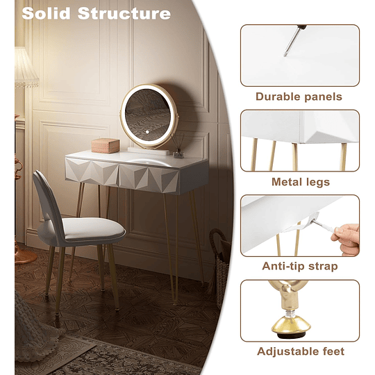 Vidro de maquilhagem com espelho e luz LED, iluminação ajustável, conjunto de mesa toucador com cadeira veludo, toucador de mesa com 3 gavetas, branco dourado