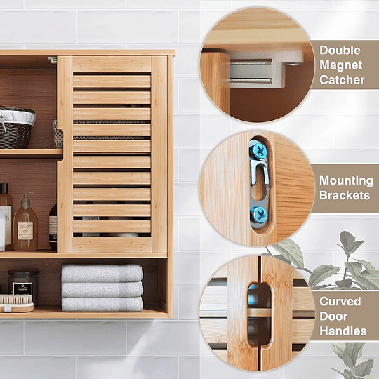 Armário de casa de banho montado na parede, organizador de bambu para armazenamento na sanita, kit de poupança de espaço com 2 portas e prateleiras ajustáveis