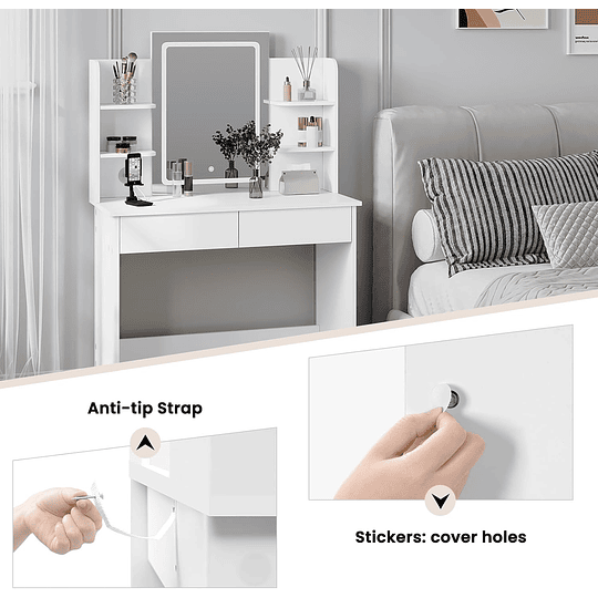 Vanity de maquilhagem com espelho e luz regulável LED, com tomada de 2 portas USB, mesa de toucador com 2 gavetas e 4 prateleiras, maquilhagem para quarto, branco