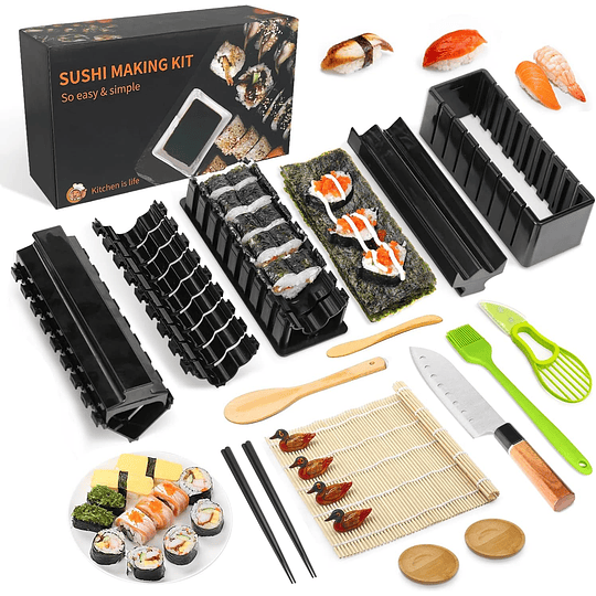 21 peças Kit para fazer sushi sushi kit sushi para iniciantes com tapete de sushi pauzinhos, cortadores de abacate, paleta, espalhador, faca, suporte para pauzinhos, pratos, escova (2...
