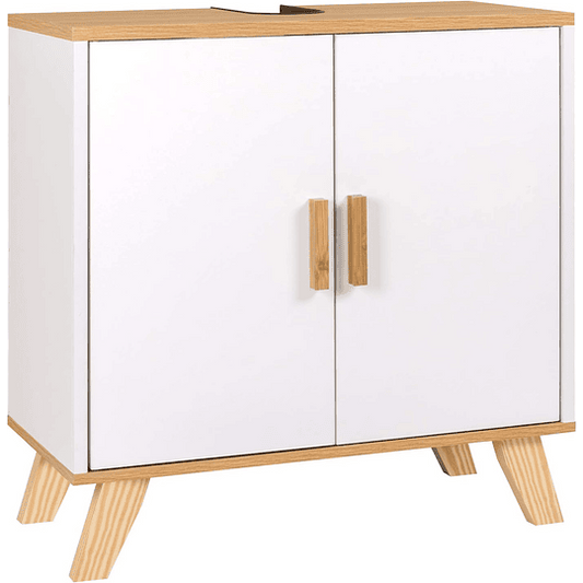 Armário de casa de banho, armário de armazenamento para debaixo de lavatório, com 2 portas bambu 60 x 30 x 62 cm
