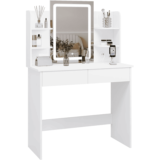 Vanity de maquilhagem com espelho e luz regulável LED, com tomada de 2 portas USB, mesa de toucador com 2 gavetas e 4 prateleiras, maquilhagem para quarto, branco