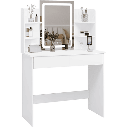 Vanity de maquilhagem com espelho e luz regulável LED, com tomada de 2 portas USB, mesa de toucador com 2 gavetas e 4 prateleiras, maquilhagem para quarto, branco
