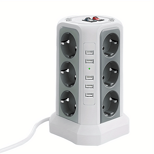Torre Multi Power Strip Ficha UE vertical Tomadas de 12 vias com 5 interruptores USB Gama de energia vertical múltipla 2 interruptores Multi Tomada Power Strip, proteção contra picos e proteção contra