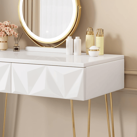 Vidro de maquilhagem com espelho e luz LED, iluminação ajustável, conjunto de mesa toucador com cadeira veludo, toucador de mesa com 3 gavetas, branco dourado