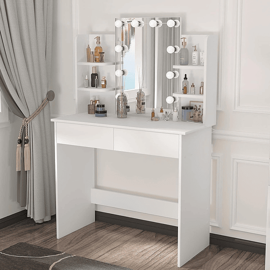 Vanity de maquilhagem com espelho e luz regulável LED, com tomada de 2 portas USB, mesa de toucador com 2 gavetas e 4 prateleiras, maquilhagem para quarto, branco