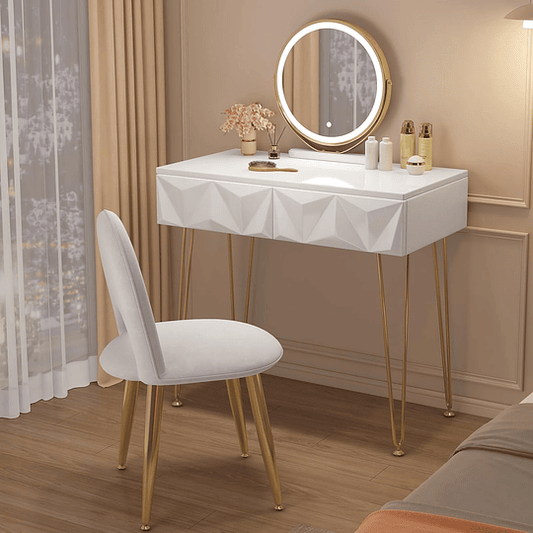Vidro de maquilhagem com espelho e luz LED, iluminação ajustável, conjunto de mesa toucador com cadeira veludo, toucador de mesa com 3 gavetas, branco dourado