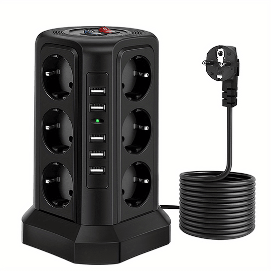 Torre Multi Power Strip Ficha UE vertical Tomadas de 12 vias com 5 interruptores USB Gama de energia vertical múltipla 2 interruptores Multi Tomada Power Strip, proteção contra picos e proteção contra