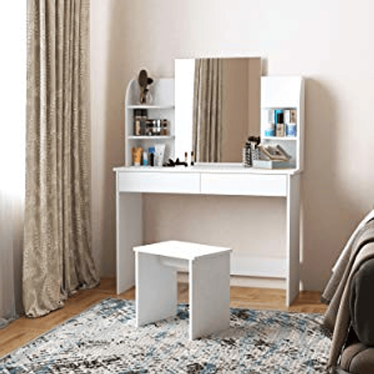 Toucador com banco e espelho, mesa de maquilhagem com 4 prateleiras 108 x 40 x 142 cm