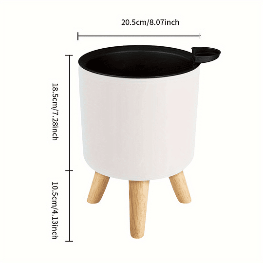 Vaso de flores redondo moderno com pernas de madeira: auto-irrigação, sistema de drenagem, uso interior/exterior, adequado para ervas e bonsai