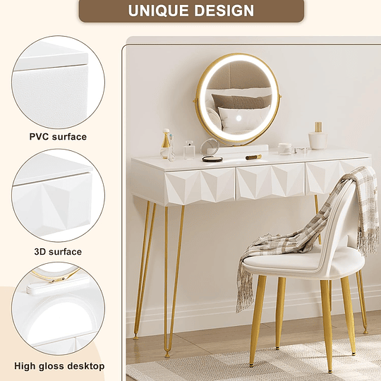 Vidro de maquilhagem com espelho e luz LED, iluminação ajustável, conjunto de mesa toucador com cadeira veludo, toucador de mesa com 3 gavetas, branco dourado