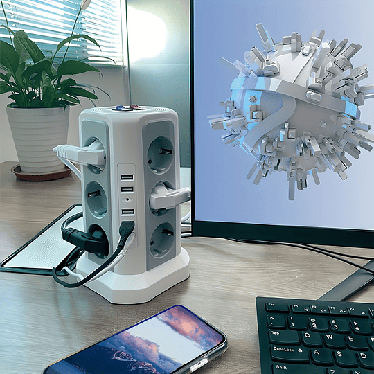 Torre Multi Power Strip Ficha UE vertical Tomadas de 12 vias com 5 interruptores USB Gama de energia vertical múltipla 2 interruptores Multi Tomada Power Strip, proteção contra picos e proteção contra