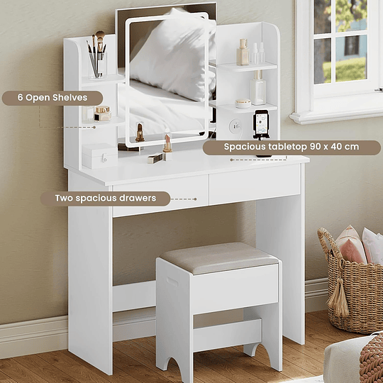 Vanity de maquilhagem com espelho e luz regulável LED, com tomada de 2 portas USB, mesa de toucador com 2 gavetas e 4 prateleiras, maquilhagem para quarto, branco