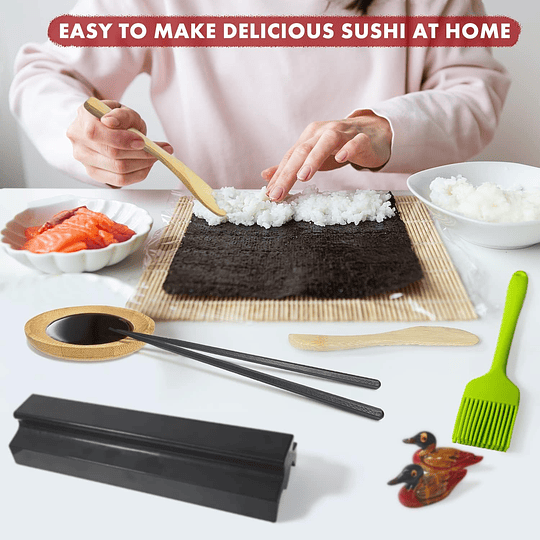 21 peças Kit para fazer sushi sushi kit sushi para iniciantes com tapete de sushi pauzinhos, cortadores de abacate, paleta, espalhador, faca, suporte para pauzinhos, pratos, escova (2...