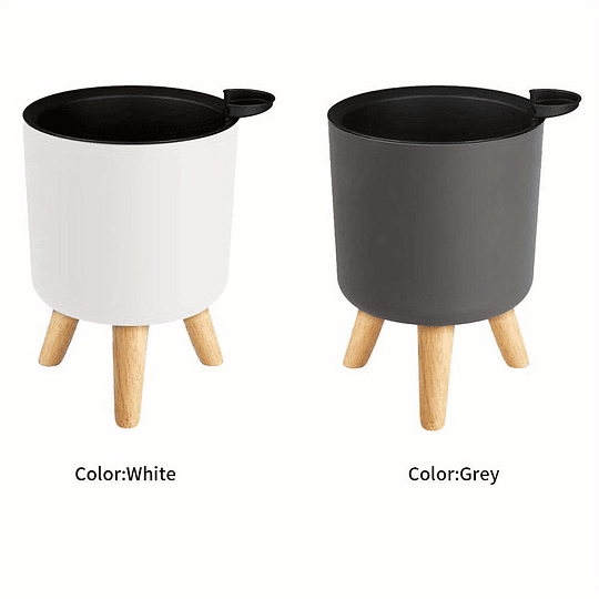 Vaso de flores redondo moderno com pernas de madeira: auto-irrigação, sistema de drenagem, uso interior/exterior, adequado para ervas e bonsai