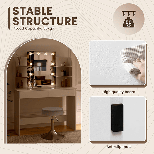 Toucador com banco e espelho, mesa de maquilhagem com 4 prateleiras 108 x 40 x 142 cm