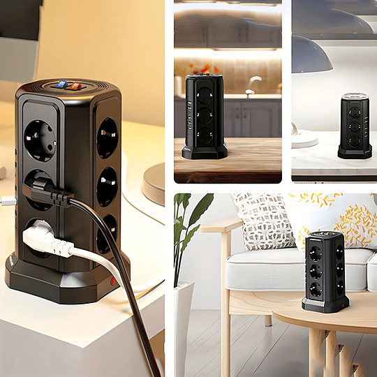 Torre Multi Power Strip Ficha UE vertical Tomadas de 12 vias com 5 interruptores USB Gama de energia vertical múltipla 2 interruptores Multi Tomada Power Strip, proteção contra picos e proteção contra