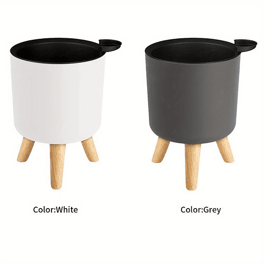 Vaso de flores redondo moderno com pernas de madeira: auto-irrigação, sistema de drenagem, uso interior/exterior, adequado para ervas e bonsai