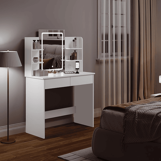 Vanity de maquilhagem com espelho e luz regulável LED, com tomada de 2 portas USB, mesa de toucador com 2 gavetas e 4 prateleiras, maquilhagem para quarto, branco