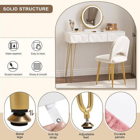Vidro de maquilhagem com espelho e luz LED, iluminação ajustável, conjunto de mesa toucador com cadeira veludo, toucador de mesa com 3 gavetas, branco dourado