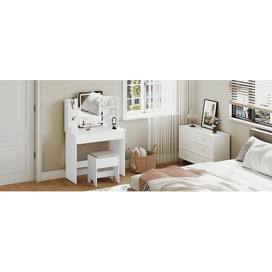 Vanity de maquilhagem com espelho e luz regulável LED, com tomada de 2 portas USB, mesa de toucador com 2 gavetas e 4 prateleiras, maquilhagem para quarto, branco