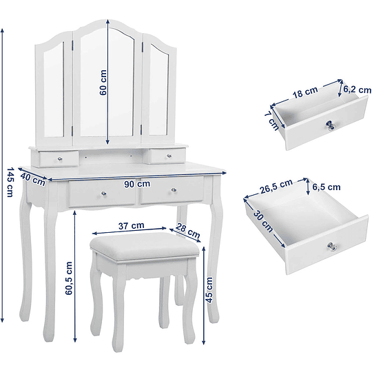 Toucador mesa de maquilhagem beleza 3 gavetas espelho oval banco acolchoado 70 x 40 x 130 cm