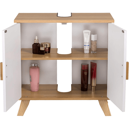 Armário de casa de banho, armário de armazenamento para debaixo de lavatório, com 2 portas bambu 60 x 30 x 62 cm