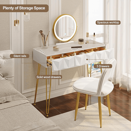 Vidro de maquilhagem com espelho e luz LED, iluminação ajustável, conjunto de mesa toucador com cadeira veludo, toucador de mesa com 3 gavetas, branco dourado