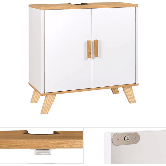 Armário de casa de banho, armário de armazenamento para debaixo de lavatório, com 2 portas bambu 60 x 30 x 62 cm
