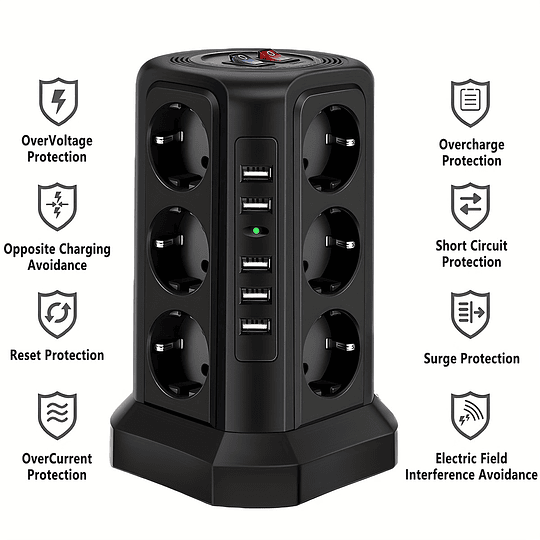 Torre Multi Power Strip Ficha UE vertical Tomadas de 12 vias com 5 interruptores USB Gama de energia vertical múltipla 2 interruptores Multi Tomada Power Strip, proteção contra picos e proteção contra