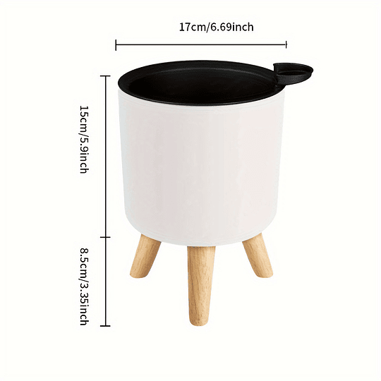 Vaso de flores redondo moderno com pernas de madeira: auto-irrigação, sistema de drenagem, uso interior/exterior, adequado para ervas e bonsai
