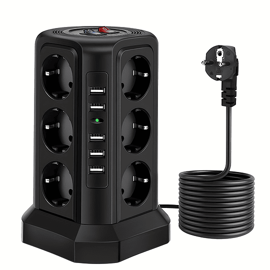 Torre Multi Power Strip Ficha UE vertical Tomadas de 12 vias com 5 interruptores USB Gama de energia vertical múltipla 2 interruptores Multi Tomada Power Strip, proteção contra picos e proteção contra