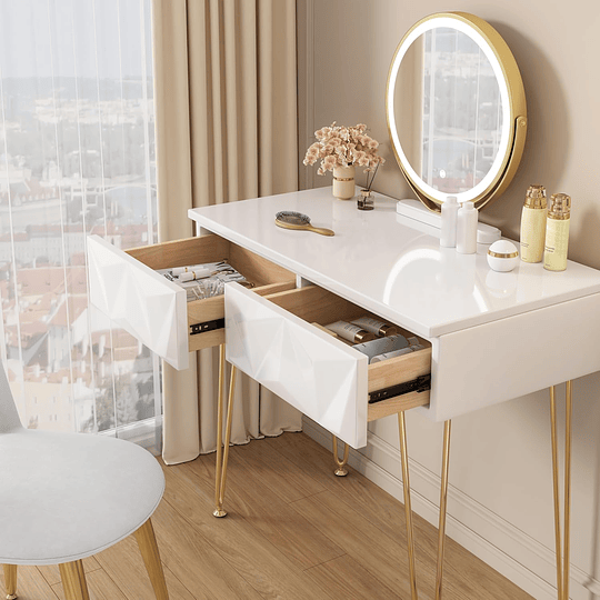 Vidro de maquilhagem com espelho e luz LED, iluminação ajustável, conjunto de mesa toucador com cadeira veludo, toucador de mesa com 3 gavetas, branco dourado
