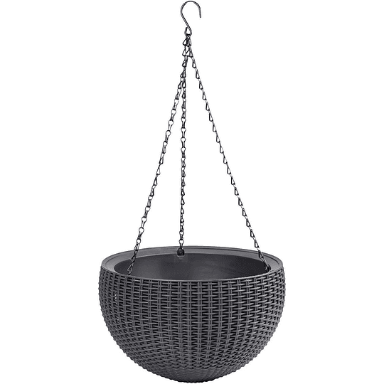 Vaso suspenso com 3 correntes; 100% material reciclado; 35 x 35 x 22 cm; capacidade 8,6 l; corpo vime