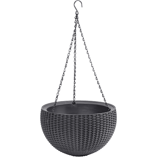 Vaso suspenso com 3 correntes; 100% material reciclado; 35 x 35 x 22 cm; capacidade 8,6 l; corpo vime