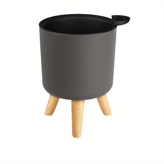 Vaso de flores redondo moderno com pernas de madeira: auto-irrigação, sistema de drenagem, uso interior/exterior, adequado para ervas e bonsai