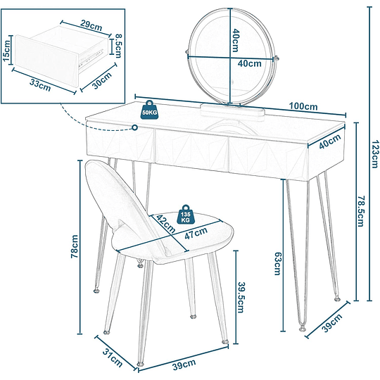 Vidro de maquilhagem com espelho e luz LED, iluminação ajustável, conjunto de mesa toucador com cadeira veludo, toucador de mesa com 3 gavetas, branco dourado