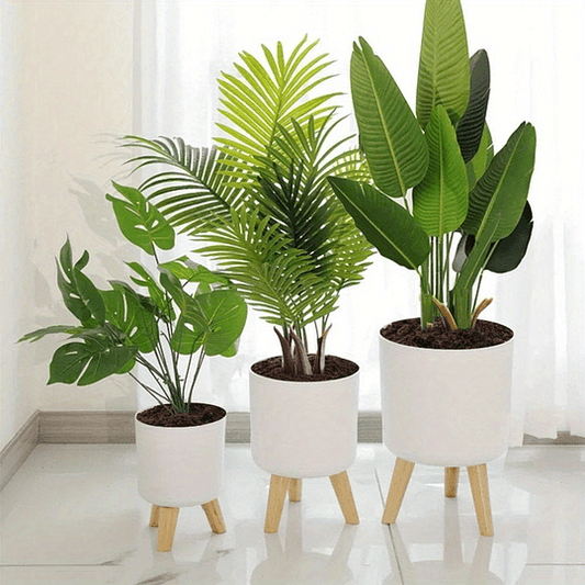 Vaso de flores redondo moderno com pernas de madeira: auto-irrigação, sistema de drenagem, uso interior/exterior, adequado para ervas e bonsai