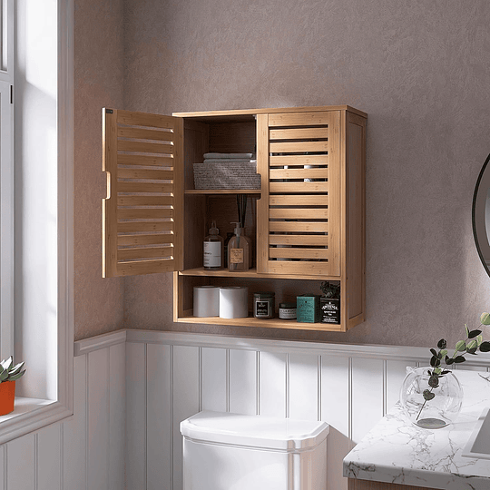 Armário de casa de banho montado na parede, organizador de bambu para armazenamento na sanita, kit de poupança de espaço com 2 portas e prateleiras ajustáveis