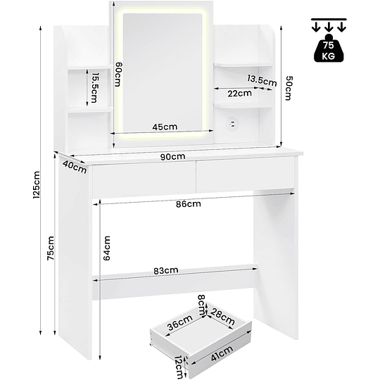 Vanity de maquilhagem com espelho e luz regulável LED, com tomada de 2 portas USB, mesa de toucador com 2 gavetas e 4 prateleiras, maquilhagem para quarto, branco