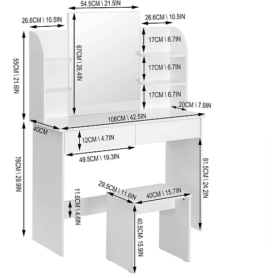 Toucador com banco e espelho, mesa de maquilhagem com 4 prateleiras 108 x 40 x 142 cm