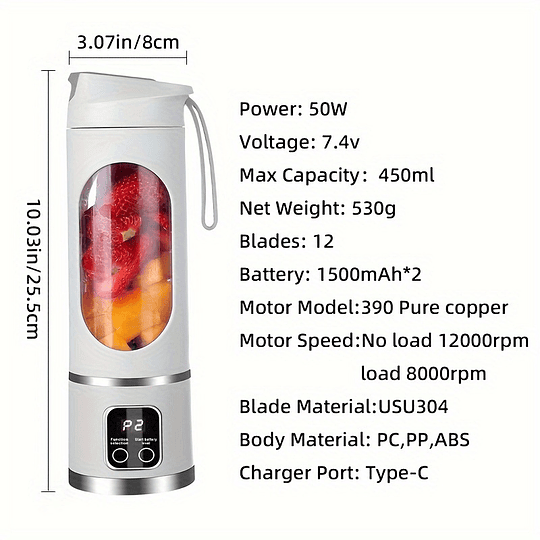 1 unidade, espremedor portátil recarregável USB, mini liquidificador, mini triturador de gelo com três modos, visor digital e 12 lâminas, fácil de limpar, adequado para viagens, máquina de sumo fresco