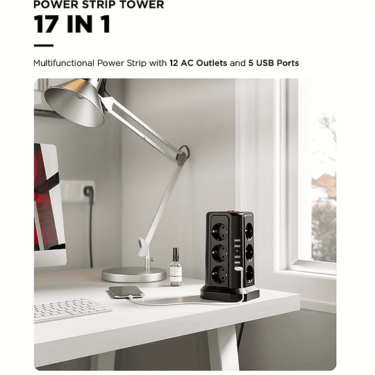 Torre Multi Power Strip Ficha UE vertical Tomadas de 12 vias com 5 interruptores USB Gama de energia vertical múltipla 2 interruptores Multi Tomada Power Strip, proteção contra picos e proteção contra