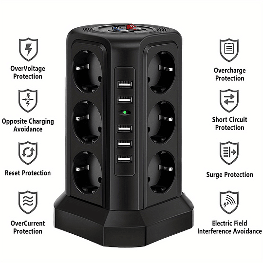 Torre Multi Power Strip Ficha UE vertical Tomadas de 12 vias com 5 interruptores USB Gama de energia vertical múltipla 2 interruptores Multi Tomada Power Strip, proteção contra picos e proteção contra