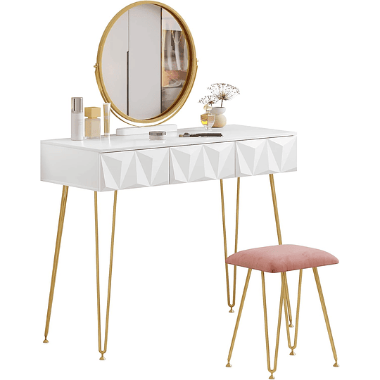 Vidro de maquilhagem com espelho e luz LED, iluminação ajustável, conjunto de mesa toucador com cadeira veludo, toucador de mesa com 3 gavetas, branco dourado