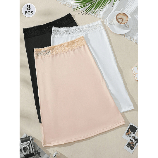 3 peças/1 peça saia forrada de renda feminina saia de baixo, anágua de cor sólida antiderrapante de verão